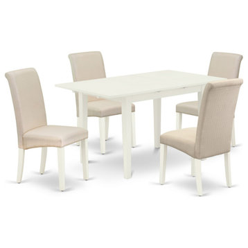 5Pc Dining Set, 4 Upholstered Chairs, Small Rectangle Table, Linen White