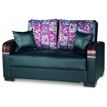 Modern Sleeper Loveseat, Rounded Wooden Arms and Tufted Seat, Black Leatherette