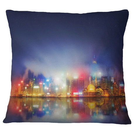 Colorful Hong Kong Skyline Cityscape Photography Throw Pillow, 18"x18"