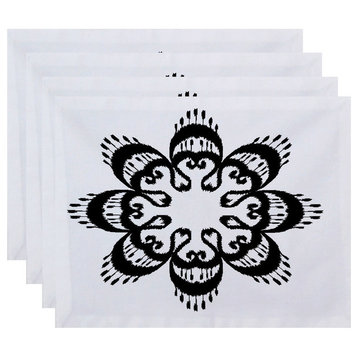 18"x14" Ikat Mandala, Geometric Print Placemat, Black, Set of 4