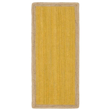 Farmhouse Area Rug, Pure White With Inner Yellow & Natural Border, 2'6" X 14'