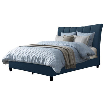 CorLiving Navy Blue Fabric Vertical Channel-Tufted Bed Frame - Queen