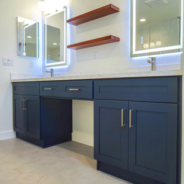 Modern Navy Blue Bathroom Vanity with LED Backlit Mirrors