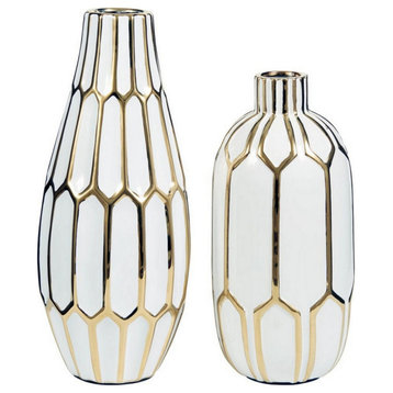 Benzara BM246946 Vase With Honeycomb Geometric Design, 2-Piece Set, White/Gold