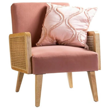 Retro Accent Chair, Natural Wooden Arms With Wicker Accent and Velvet Seat, Blush