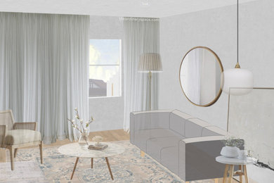 Living room - small modern enclosed light wood floor and beige floor living room idea in Other with gray walls and a tv stand