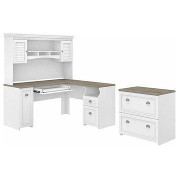 Pemberly Row L Desk with Hutch & File Cabinet in White & Gray - Engineered Wood