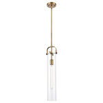 Innovations Lighting - Innovations Lighting 413-1S-BB-4CL Pilaster - One Light Mini Pendant - Vintage Incandescent 60 Watt Tubular Dimmable Bulb Included  Includes 10 Feet of Wire  Includes 1-6 and 2-12 inch Stems. Additional Stems sold separately.  Solid Brass  Degree Hang Straight Swivel for Sloped Ceilings Included  Rated for 100 Watt Maximum  UL/CUL Damp Rated  In order to maintain the finish we recommend simply using water and a cheesecloth towel  Compatible with Incandescent, LED, Fluoresent and Halogen bulbs.   2 Year Finish/Lifetime Electrical Clear  2200  220  99.9  2000 Hours  Bruno Marashlian  No. of Rods: 3  Canopy Included: Yes  Shade Included: Yes  Sloped Ceiling Adaptable: Yes  Canopy Diameter: 4.5 x 0.75  Rod Length(s): 3.00Pilaster 4.88" One Light Mini Pendant Brushed Brass Clear Cylinder GlassUL: Suitable for damp locations, *Energy Star Qualified: n/a  *ADA Certified: n/a  *Number of Lights: Lamp: 1-*Wattage:60w A19 Medium Base bulb(s) *Bulb Included:No *Bulb Type:A19 Medium Base *Finish Type:Brushed Brass