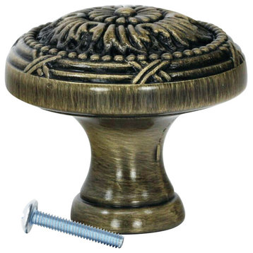 Royal Floral Style, Rustic Brass Cabinet Hardware Knob, 1-1/4 Inch Diameter