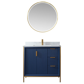 Granada Vanity With White Composite Stone Top, Royal Blue, 36", With Mirror