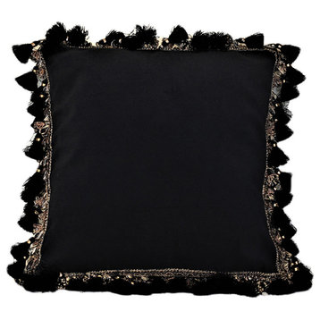 Velvet Throw Pillow With Tassel Fringe, Black/Gold, 14x21
