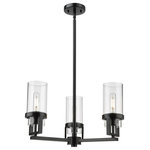 Innovations Lighting - Utopia 3 Light 8" Stem Hung Pendant, Matte Black, Clear Glass - Modern and geometric design elements give the Utopia Collection a striking presence. This gorgeous fixture features a sharply squared off frame, softened by a round glass holder that secures a cylindrical glass shade.