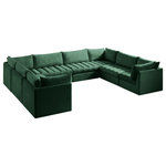 Meridian Furniture - Jacob Velvet Upholstered 8-Piece U-Shaped Modular Sectional, Green - Create the ideal seating arrangement for your space when you pick and choose the elements you like mostincluding this Jacob velvet modular sectional. Mix and match items in the Jacob collection to bring your living space or family room together with a personalized slant. Soft green velvet upholstery is soft and welcoming to the touch, adding a luxurious feel to everyday seating. Deep channel tufting adds to the piece's durability, and latches underneath the unit make it easy to attach to other pieces in the collection.