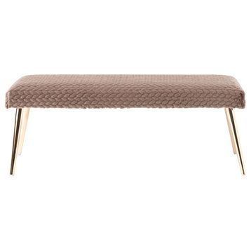 Indira Patterned Faux Fur Bench, Taupe/Gold Finish