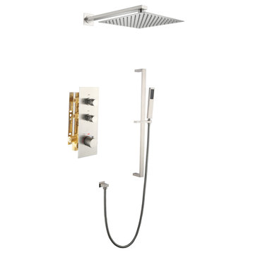 Thermostatic Rain Shower System with Hand Shower-Includes Rough-in Valve, Brushed Nickel