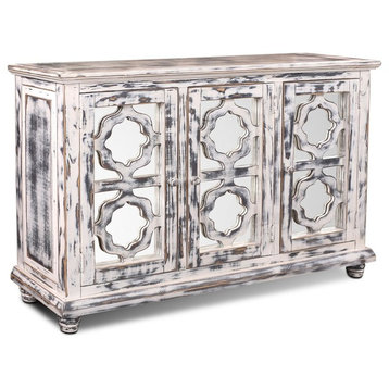 Keystone Distressed White Mirrored Sideboard/Cabinet/Bookcase