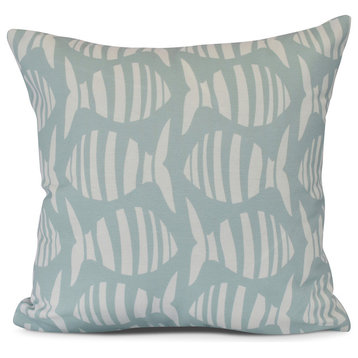 Wavy Fish, Animal Print Outdoor Pillow,Aqua,18 x 18 inch