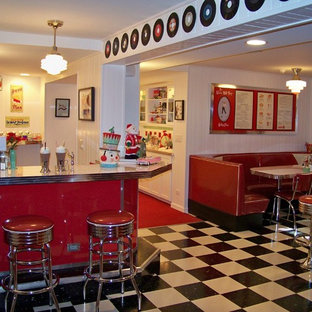 Large retro basement in Chicago with lino flooring.