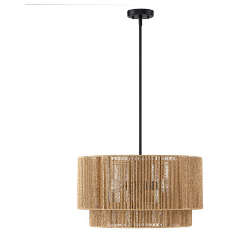 22"W 4-Light Rattan Tiered Drum Chandelier Light With Black Canopy, Natural