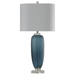 StyleCraft Home Collection - Nicosia Blue | Transitional Ribbed Glass and Clear Acrylic Table Lamp - This blue and white table lamp brings gorgeous style to an office desk, dining room buffet, or bedroom nightstand. Also beautiful on a side table in a hallway or living room, this lamp features a blue ribbed glass frame on a clear acrylic base. A white hardback shade completes the look.