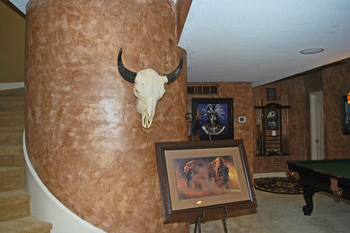 Large mountain style open concept family room photo in Kansas City
