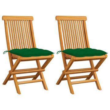 vidaXL Patio Chairs 2 Pcs Folding Chair with Green Cushions Solid Wood Teak