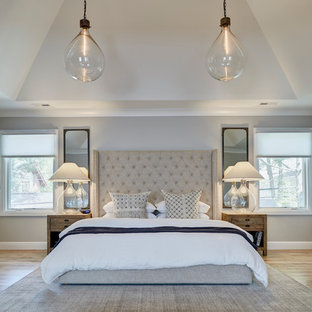 Inspiration för stora klassiska huvudsovrum, med grå väggar, en standard öppen spis, en spiselkrans i sten och ljust trägolv