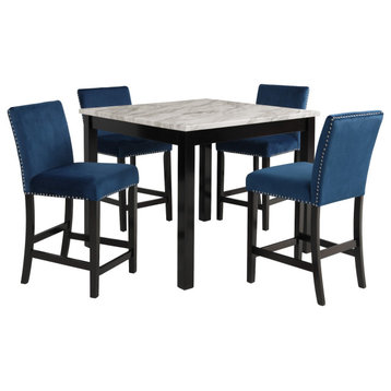 Benzara BM272111 Kate 42" 5 Piece Counter Table Set With Velvet Seating, Blue
