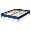 Issy Luxe Velvet Wood Platform Bed Frame With Gold-Tone Leg, Navy Blue, Queen