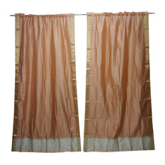 Mogul Interior - 2 Indian Silk Sari Curtains Door Draperies Peach Brocade Window Decor Panel - Curtains