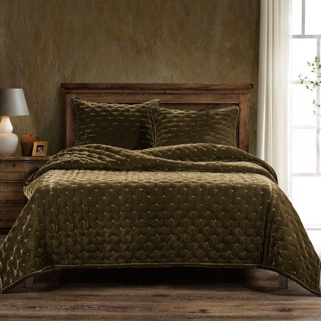 Stella Faux Silk Velvet Quilt, Green Ochre, King