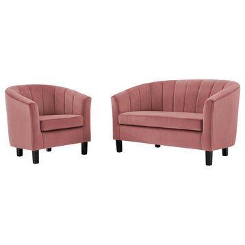 Tufted Armchair and Loveseat Sofa Set, Velvet, Pink, Modern, Lounge Hospitality