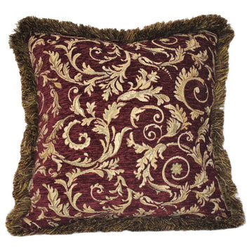 Burgundy and Gold Leaf Floral Chenille Pillow With Fringe, 14x14
