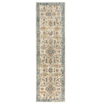 Xaviera Distressed Tribal Beige and Blue Area Rug, 2'3"x7'6"
