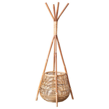 Rattan Coat Rack With Basket, Natural