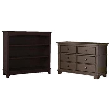 Home Square 2-Piece Set with Double Dresser and Bookcase Hutch in Brown