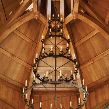 Reclaimed White Oak Beams and Panelling in a Vaulted Library, San Antonio, Texas