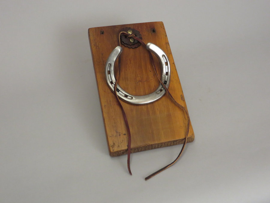 #R15027 Coat Rack Reclaimed Poplar, horseshoes, leather.