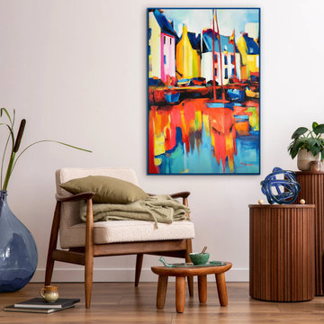 Bright and colorful abstract landscape painting "Yachts and mooring"