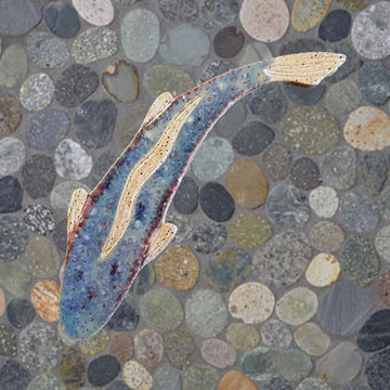 Dark Ocean, sliced pebble, rock, and stone shower floor with blue trout fish