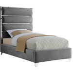 Meridian Furniture - Zuma Velvet Upholstered Bed, Gray, Twin - You'll fall fast and hard for the contemporary beauty of this Zuma Grey Velvet Twin Bed. The sleek velvet upholstery is not just supple and smooth to the touch - it also lends the bed an uber modern look from top to bottom. A chrome channel design draws the eye instantly to this fabulous bed, while chrome legs ensure the support it needs to support the mattress of your choice.
