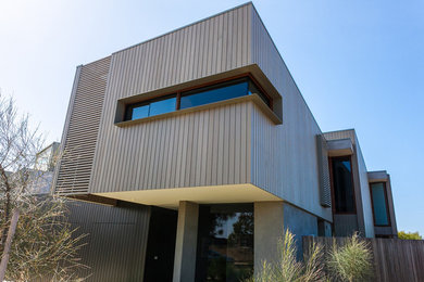 Contemporary two-storey exterior in Geelong with wood siding.