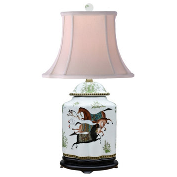 Beautiful Porcelain Scallop Jar Horse Motif Table Lamp 22"