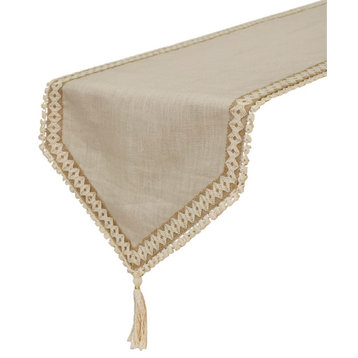 Decorative Table Runner Beige Linen 14"x120" Lace, Tassels - Timeless Linen Loom