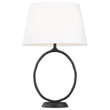 Indo Table Lamp, 1-Light, LED, Aged Iron, White Linen Shade, 26.63"