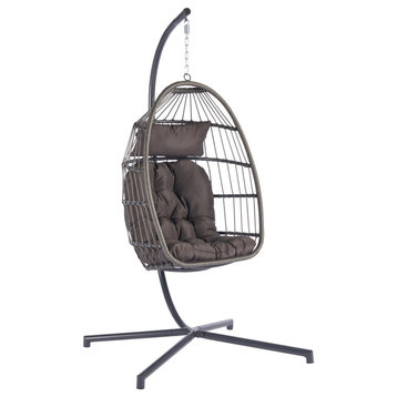 Patio Swing Egg Chair Folding Hanging Chair With Pillow and Stand, Charcoal