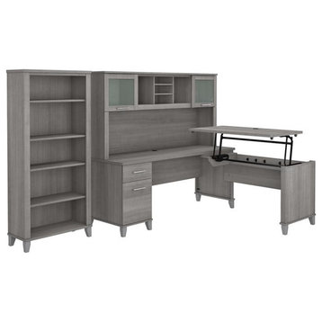 Pemberly Row Sit to St& L Desk with Hutch & Bookcase in Gray - Engineered Wood