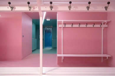 Ispirazione per un soggiorno minimal di medie dimensioni e aperto con pareti rosa, nessuna TV e pavimento rosa