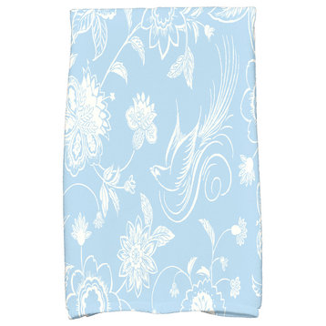 Traditional Bird Floral Decorative Holiday Floral Print Hand Towel, Light Blue