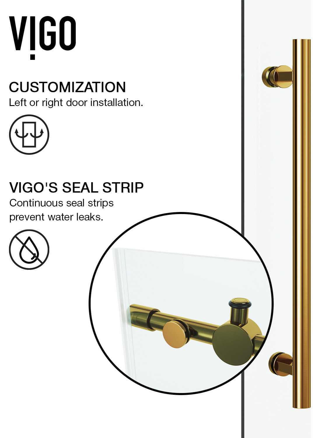 VIGO Elan 60" to 64" W x 74" H Frameless Sliding Shower Door, Matte Gold, Clear Glass